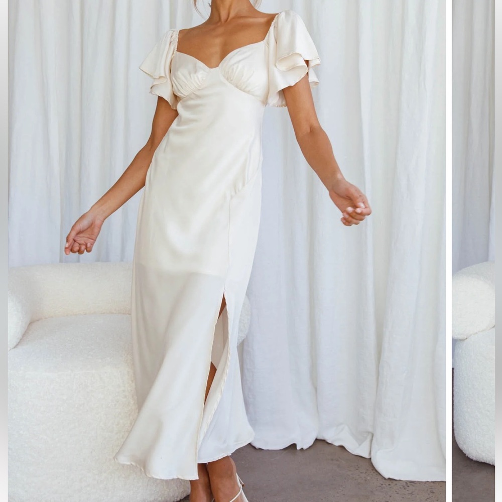 Selfie Leslie Cream Satin Wedding Dress with Ruffle Sleeves